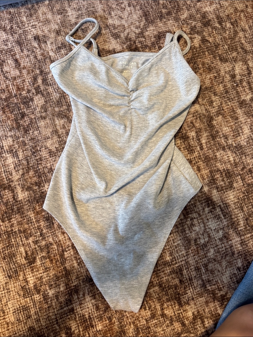 American Eagle Outfitters Light Heather Gray Ribbed Ruched Cami Bodysuit